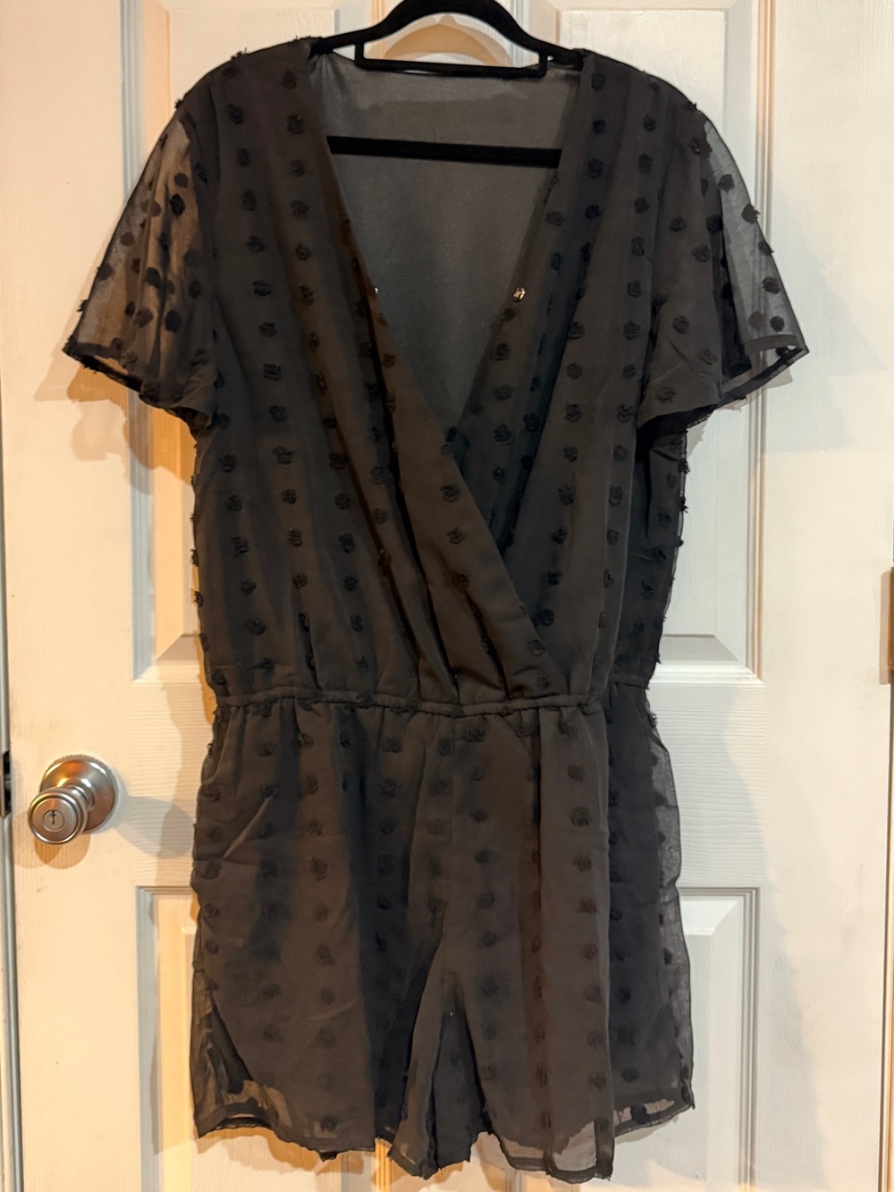 Black Swiss Dot Sheer Romper Size Large Flutter Sleeve Surplice